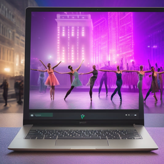 A colorful illustration depicting a laptop screen displaying a dance studio's schedule, surrounded by dancing silhouettes, music notes, and ballet bars, with a subtle cityscape background.