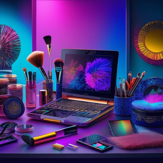 A vibrant, colorful illustration of a dance makeup artist's workstation, with a laptop and tablet surrounded by makeup brushes, palettes, and mirrors, amidst a whirlwind of digital screens and swirling dance-inspired patterns.