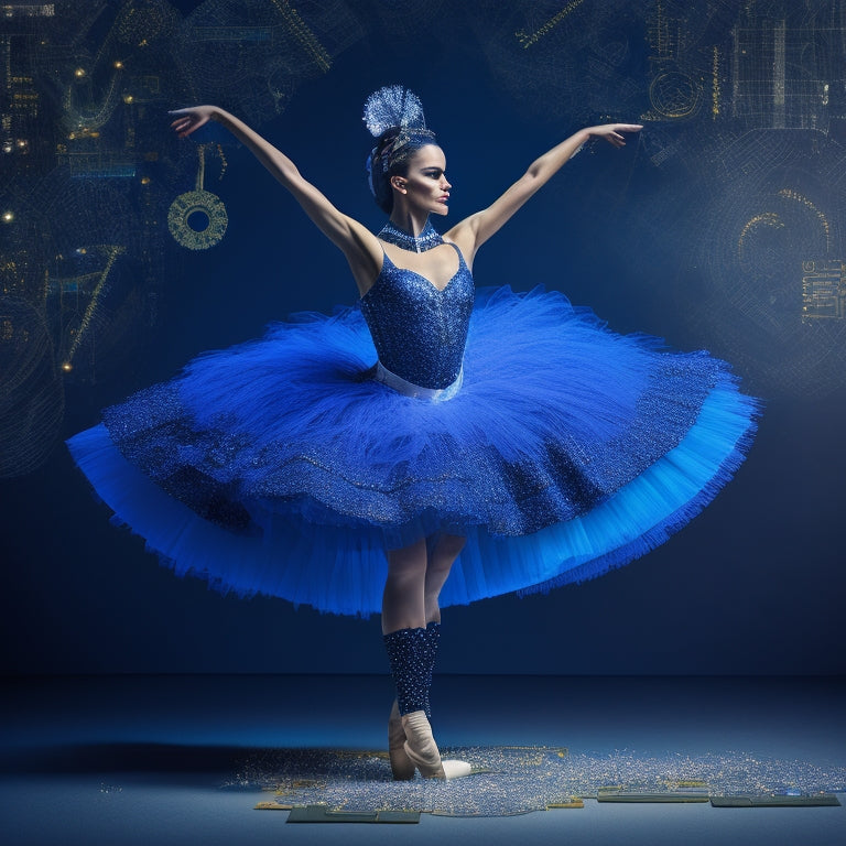 A whimsical illustration of a ballerina surrounded by coding symbols, circuit boards, and fabric scraps, with a Linux-inspired tutu and a 3D printed dance shoe, set against a dark blue background with sparks of creativity.