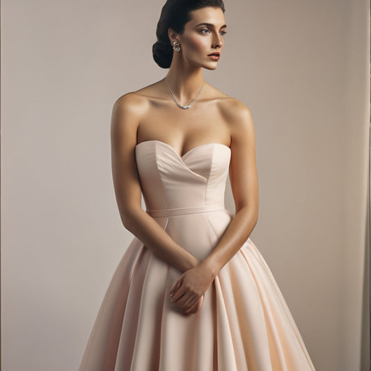 An illustration of a woman wearing a strapless dress, with subtle hints of boning, gathering, and adjustable bands subtly visible underneath the fabric, set against a soft, pastel-colored background.