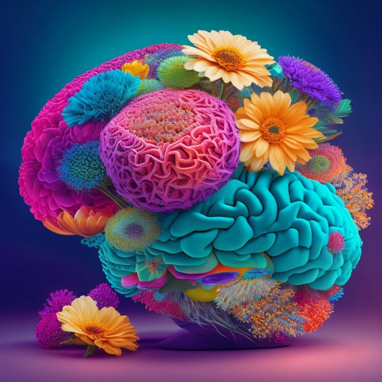 A vibrant, stylized illustration of a brain with blooming flowers and gears emerging from it, surrounded by swirling shapes and colors, conveying creativity, innovation, and intellectual growth.