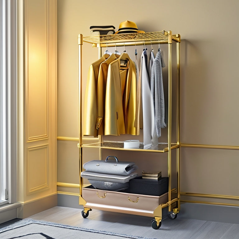 Discover the stylish and practical solution to your storage needs with our versatile gold coat shelf. With lockable wheels, it's both functional and chic.