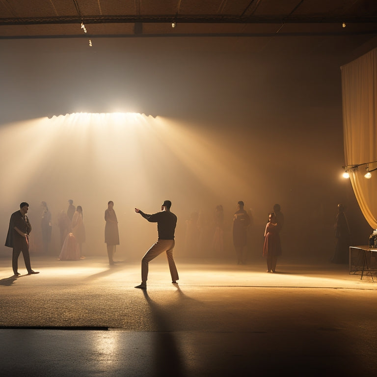 A dramatic, warm-lit dance studio with a lone, powerful figure (Ahmad Joudeh) in a triumphant pose, surrounded by faint, ghostly silhouettes of refugee tents and cityscapes.