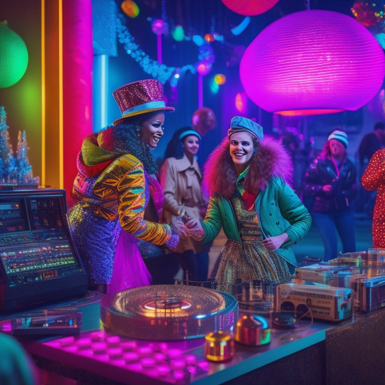 A vibrant, neon-lit scene of Girl Scouts in colorful 80s outfits, surrounded by retro decorations, dancing under a disco ball, with cassette tapes and vinyl records scattered around.