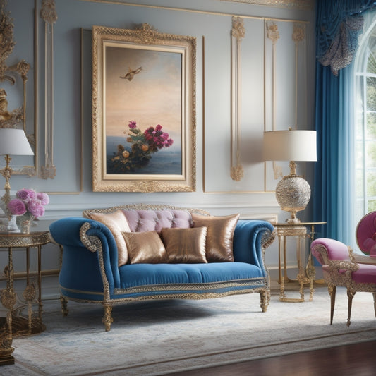 A beautifully furnished living room with a large, ornate gold frame holding a vibrant, impressionist-style ballerina painting, surrounded by elegant furniture and soft, warm lighting.