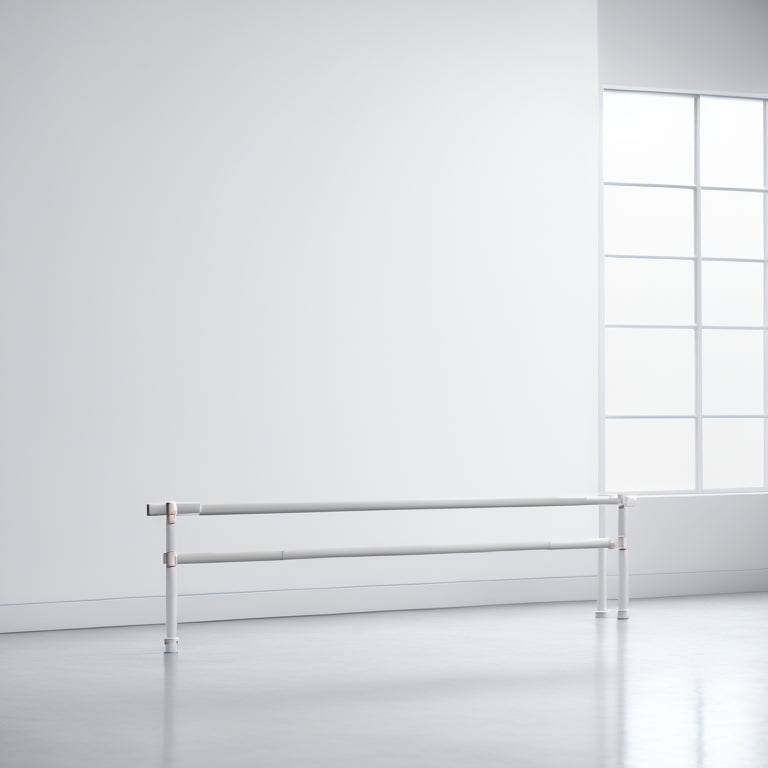 A minimalist illustration featuring a ballet barre with two brackets spaced at varying distances, with faint gridlines and subtle measurement markings in the background, amidst a calming, light-gray studio setting.