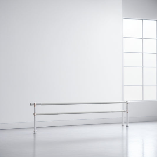 A minimalist illustration featuring a ballet barre with two brackets spaced at varying distances, with faint gridlines and subtle measurement markings in the background, amidst a calming, light-gray studio setting.