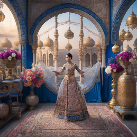 An illustration of a dancer in a traditional Middle Eastern costume standing in front of a large, ornate mirror, surrounded by scattered blueprints, flowers, and intricate lanterns, with a subtle cityscape in the background.