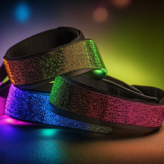 Create an image of vibrant dance wristbands in various colors and styles, displayed on a stylish black velvet background, with glittering lights reflecting off them, evoking an energetic nightlife atmosphere.