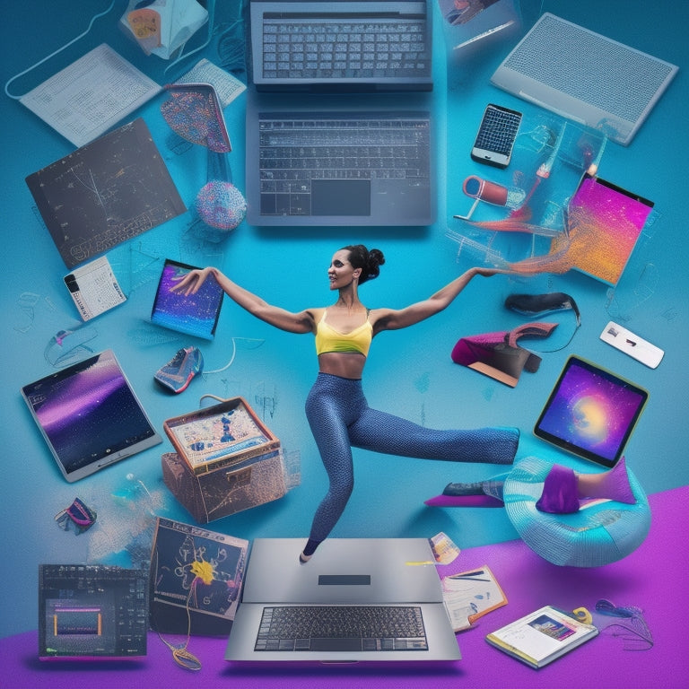 A stylized illustration of a dance instructor surrounded by laptops, tablets, and smartphones, with various digital tools and icons (e.g., music notes, dance shoes, calendars) orbiting around them.