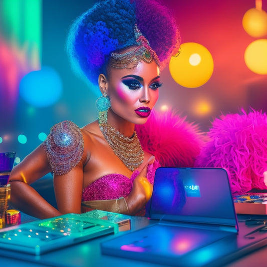 A glamorous, spotlight-lit dancer in a bold, colorful costume, surrounded by smartphones, laptops, and social media icons, with makeup brushes and palettes scattered around, amidst a subtle cityscape backdrop.