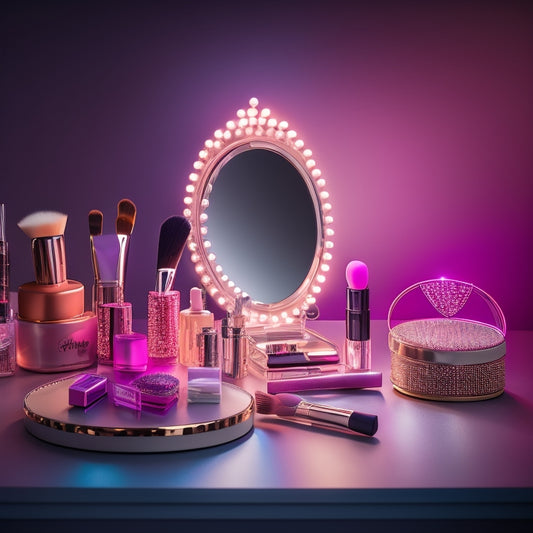 A tidy, well-lit makeup station with neatly arranged brushes, a color-coded eyeshadow palette, and a compact mirror, surrounded by dance-inspired props like ballet shoes and a sequined headband.