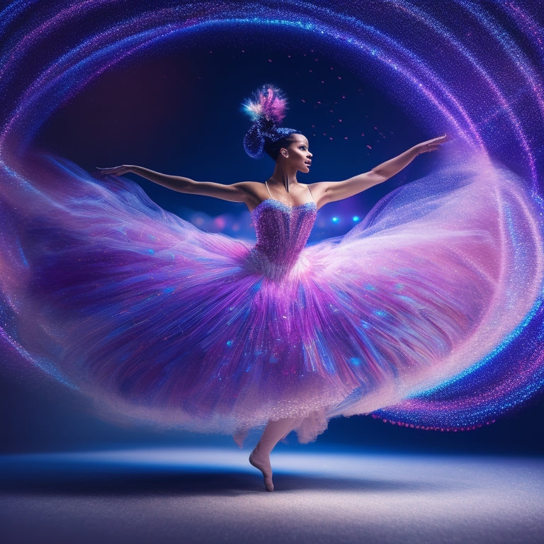 A whimsical illustration of a dancer in motion, surrounded by swirling ribbons of pink and blue, with subtle hints of medical symbols and subtle, shimmering lights in the background.