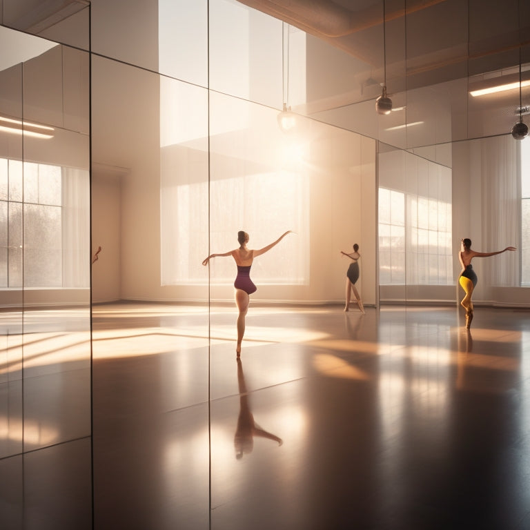 A dynamic dance studio scene with a lone dancer in mid-pose, surrounded by mirrors, ballet bars, and floor-to-ceiling windows bathing the space in soft, warm light, with subtle shadows.
