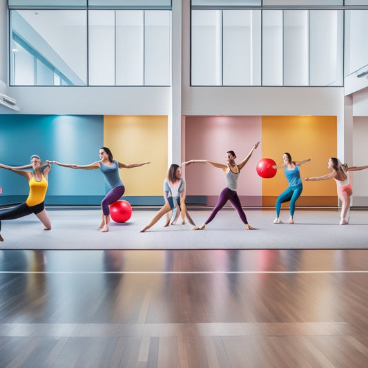 A bright, modern dance studio with mirrored walls, wooden floors, and a sleek sound system, featuring a few dancers in various poses, surrounded by colorful exercise balls and mats.