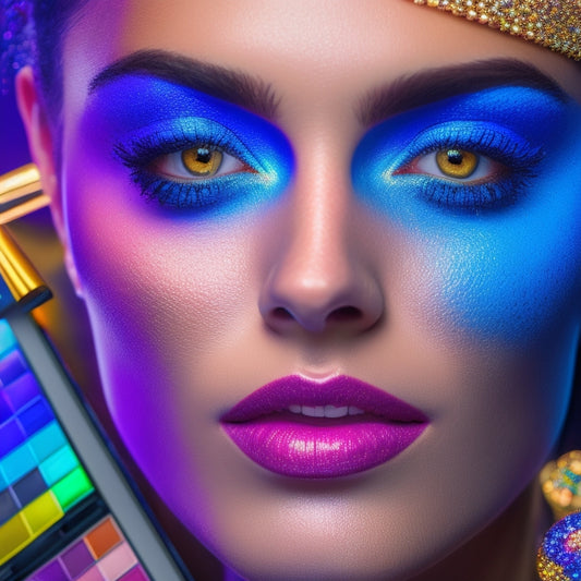 A close-up of a dancer's face, spotlight shining on flawless, bold makeup, with a laptop or tablet in the background displaying a makeup tutorial, surrounded by colorful makeup brushes and products.