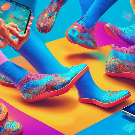 A stylized illustration of a person's hands and feet moving in sync, surrounded by swirling shapes and colors, with a subtle grid of digital screens and devices in the background.