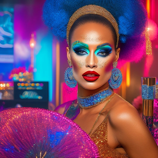 A glamorous dancer in a bold, sequined costume, surrounded by makeup brushes, palettes, and mirrors, with a fierce, smoky eye and bold lip color, striking a powerful pose.