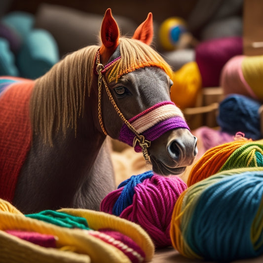 A whimsical, close-up composition featuring a half-finished felt horse, surrounded by colorful threads, needles, and fabric scraps, with a few loose strands of yarn framing the edges.