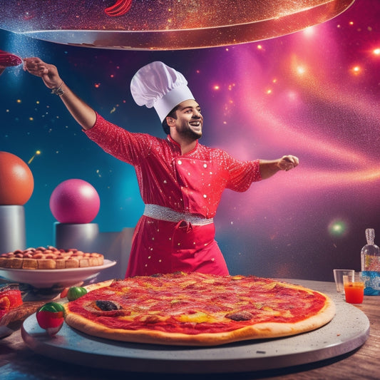 A vibrant illustration of a dancing pizza chef wearing a red hat and white apron, surrounded by swirling pizza dough and flying toppings, amidst a colorful disco ball-lit background.