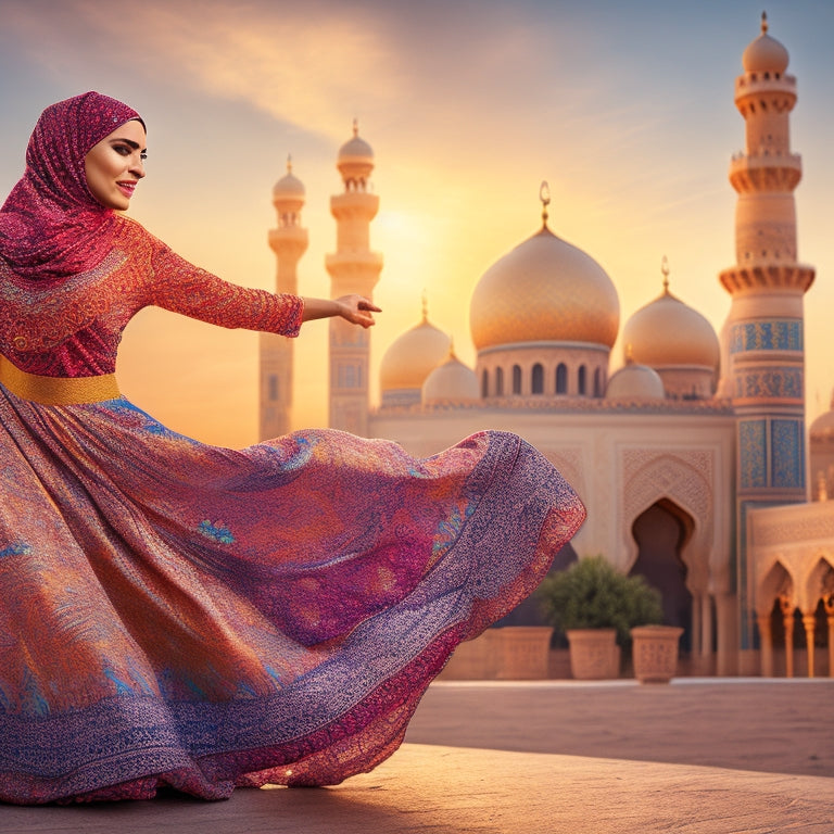 A vibrant illustration depicting a confident, fit woman in a flowing, colorful hijab, dancing to upbeat Middle Eastern music, surrounded by swirling patterns and Arabic architecture, with a subtle hint of desert sunset.