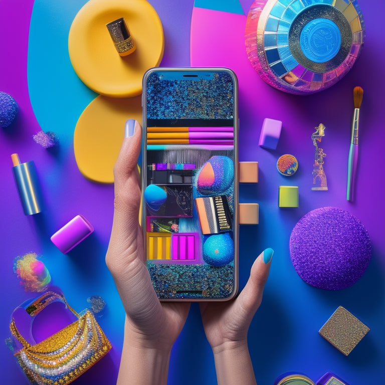 A whimsical illustration of a young girl's hand holding a smartphone, surrounded by colorful makeup palettes and brushes, with a miniature dance studio backdrop featuring a ballet barre and a disco ball.