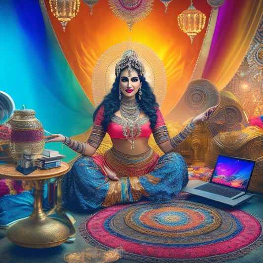 A whimsical illustration of a belly dancer in a vibrant, ornate costume, surrounded by laptops, tablets, and smartphones, with swirling patterns of Wi-Fi signals and digital sparks.