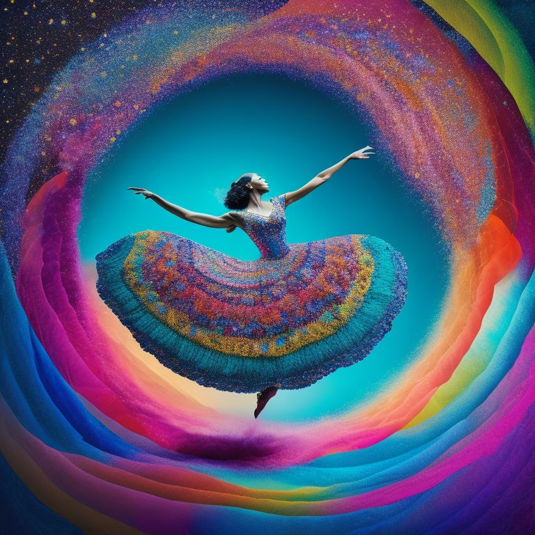 A whimsical illustration featuring a dancer's silhouette surrounded by swirling, colorful thought bubbles, each containing abstract dance-inspired shapes and patterns, radiating outward in a mesmerizing dance of creativity.