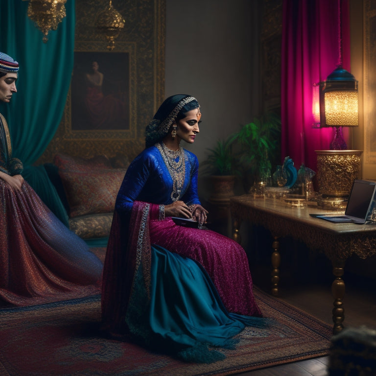 A serene, dimly lit studio with a lone, elegant dancer in flowing, jewel-toned attire, surrounded by Middle Eastern-inspired patterns and fabrics, with a laptop and speaker in the corner.