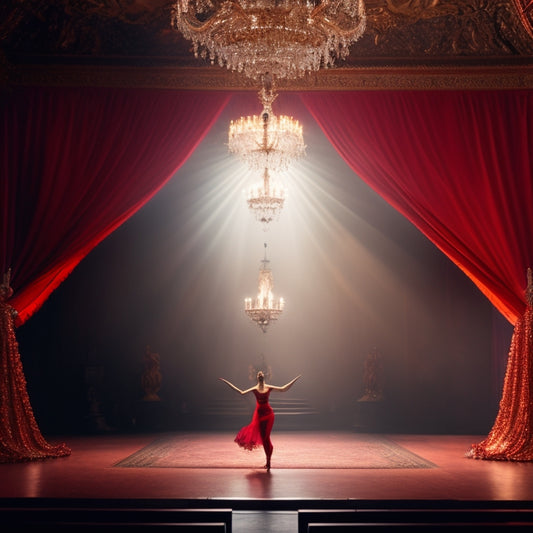 A dimly lit theater with a spotlight shining on a grand, ornate stage, adorned with red velvet curtains and golden accents, featuring a pair of dancers in mid-air, frozen in a dramatic pose.