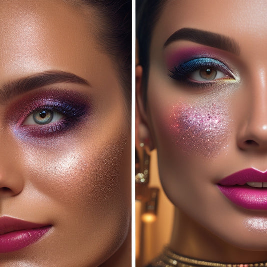 A close-up of a dancer's face, with a split-screen comparison of natural skin versus a bold, glittering makeup look, surrounded by digital devices and makeup brushes.