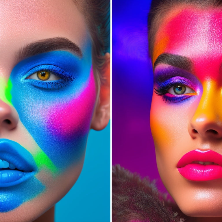 A split-screen image featuring a before-and-after transformation: a plain face on the left, and on the right, a vibrant, rainbow-hued, avant-garde makeup design with bold brushstrokes and striking highlights.