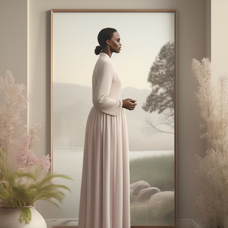 A serene illustration of a person standing upright, surrounded by subtle hints of nature, with gentle lines and soft colors, showcasing a relaxed and confident posture.