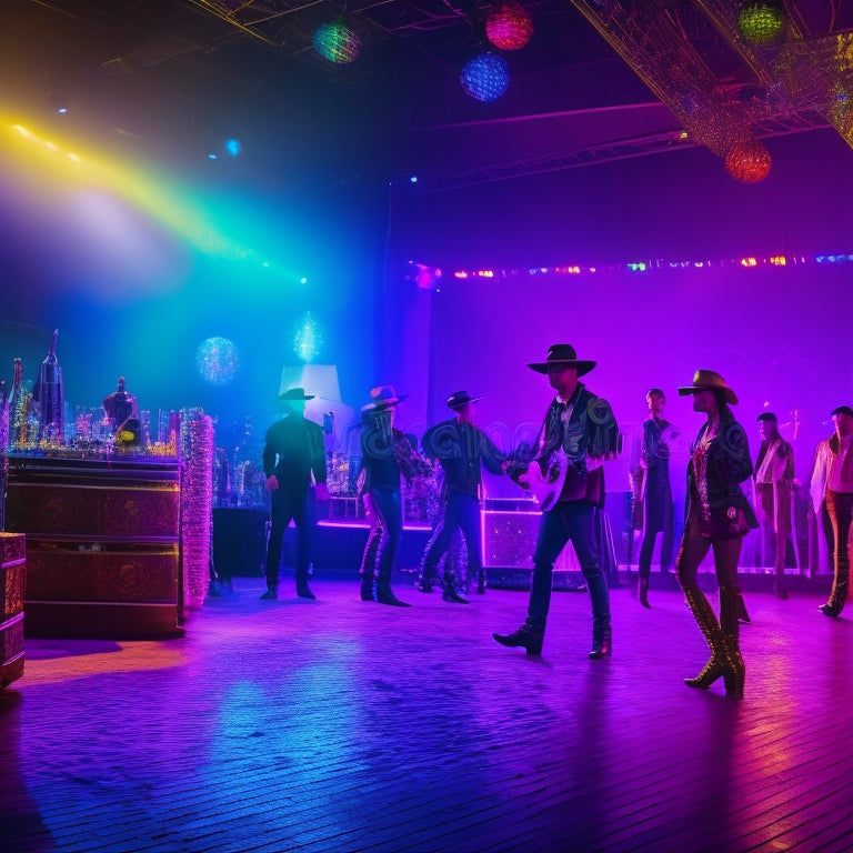 A dimly lit, neon-lit dance floor filled with cowboy-hat-wearing, boot-scootin' dancers surrounded by flashing lights, disco balls, and rows of colorful party decorations, with a subtle cityscape background.