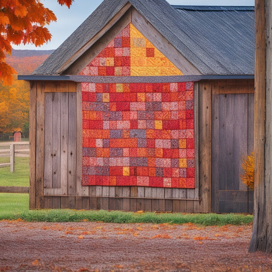 A rustic, weathered red barn surrounded by vibrant fall foliage, with a colorful quilt pattern featuring autumnal hues and traditional quilt blocks, hung from the barn's wooden door.