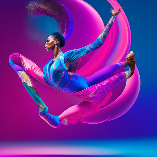 A dynamic, high-energy illustration of a dancer in mid-pose, surrounded by swirling shapes and lines in shades of bright pink, blue, and purple, blending ballet and hip-hop elements.