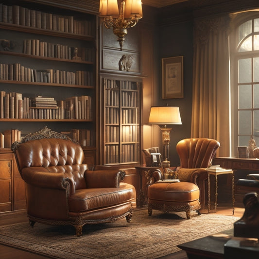 A serene, dimly lit library with floor-to-ceiling bookshelves, a single, plush armchair, and a floor lamp casting a warm, golden glow, surrounded by subtle, swirling mist.