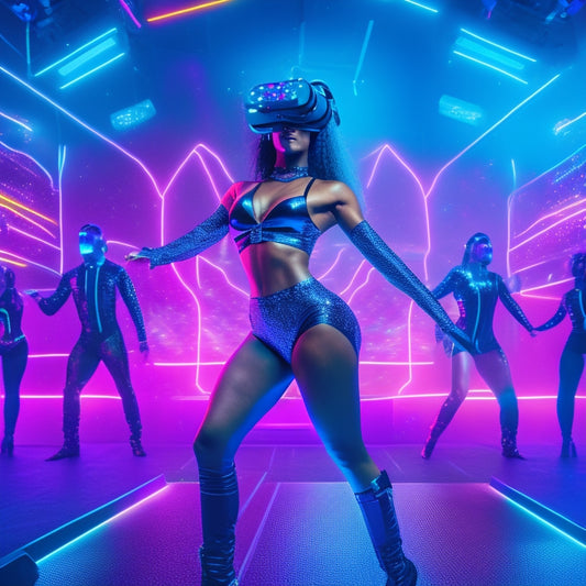 A futuristic dance studio with a female avatar in a sleek black leotard, surrounded by neon-lit VR headsets and dance pads, as she strikes a pose amidst swirling virtual confetti and glittering disco balls.