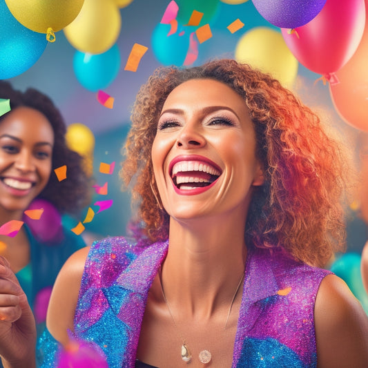 A vibrant illustration of a smiling woman in mid-dance, surrounded by virtual screens displaying dance instructors, with confetti and balloons in the background, symbolizing joy and celebration.