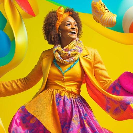 A whimsical illustration of a smiling dance teacher surrounded by swirling music notes, dance shoes, and colorful scarves, set against a bright, sunny yellow background.