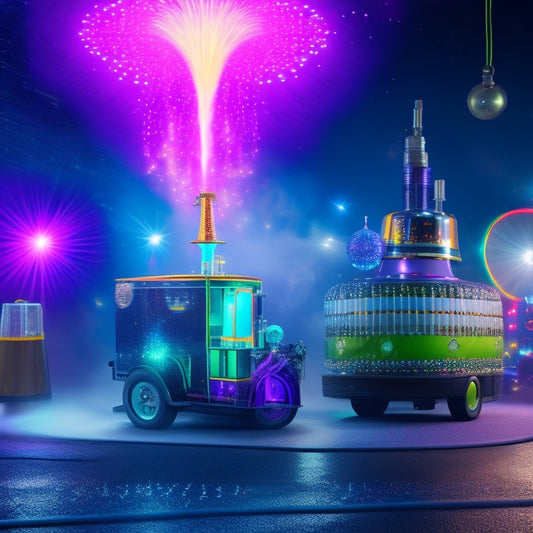 A whimsical illustration featuring a diesel fuel pump dressed in a top hat and tutu, dancing on one leg amidst swirling diesel fuel droplets and confetti, surrounded by disco balls and neon lights.