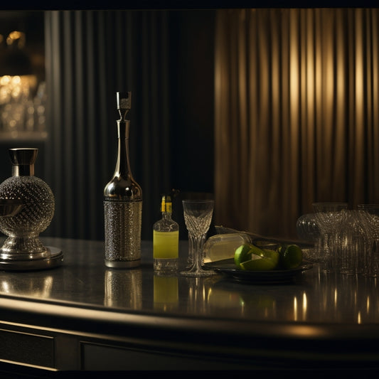 A dimly lit, luxurious bar scene with a mirrored backdrop, featuring a sleek, silver cocktail shaker, garnished with a lime wheel, surrounded by scattered, shimmering disco balls.