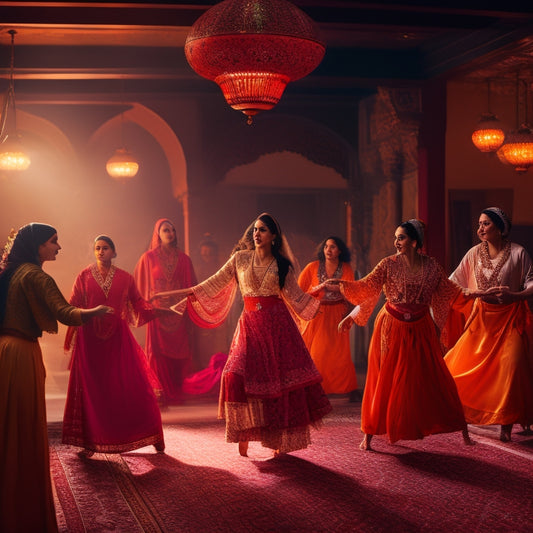 A warm-colored dance studio with a wooden floor, adorned with Middle Eastern-inspired patterns and lanterns, featuring a group of women in flowing clothes, dancing and laughing together, surrounded by veils and scarves.