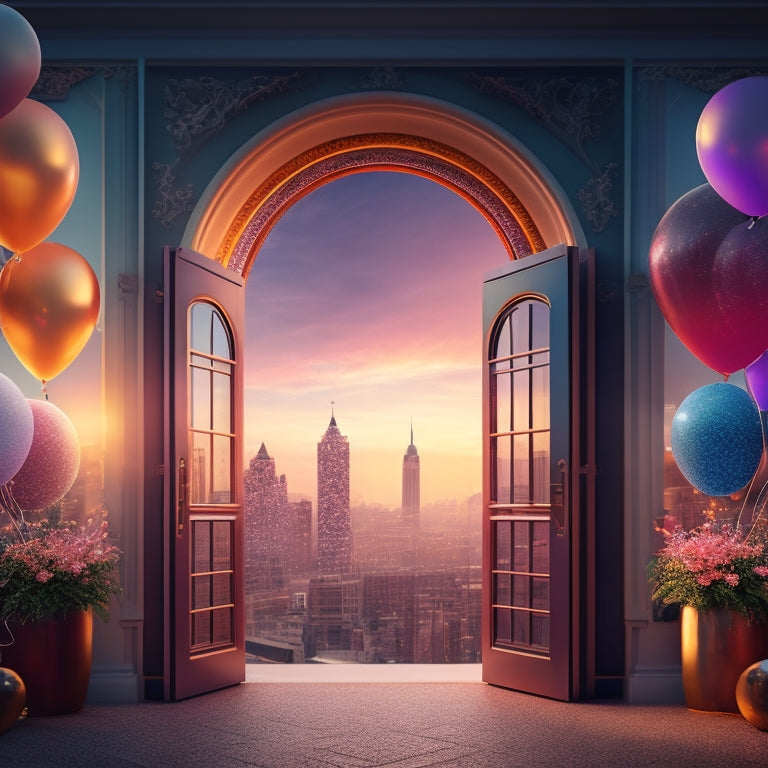 An illustration of a stylized, modern gateway with open doors, surrounded by a subtle cityscape at sunset, with confetti and balloons floating upwards, conveying celebration and new beginnings.