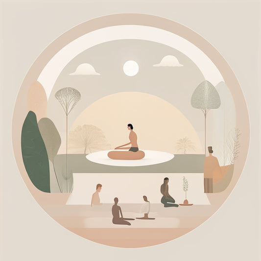 A serene, minimalist illustration featuring a person in the center, surrounded by 7 subtle exercise silhouettes, with gentle, flowing lines and soft, calming colors, evoking a sense of relaxation and wellness.