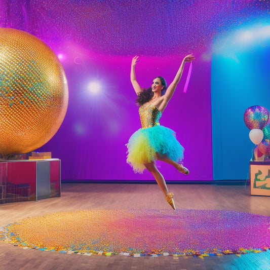 A bright, colorful dance studio with a giant, shiny disco ball reflecting a dancer in mid-air, surrounded by confetti and balloons, with a certificate on a pedestal in the background.