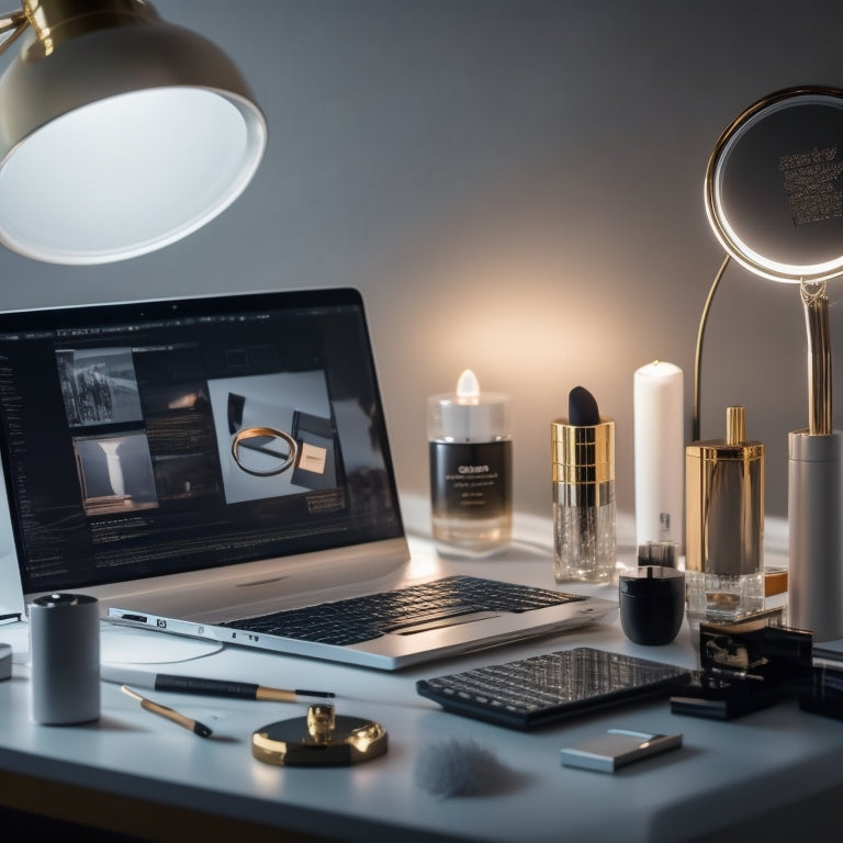 A glamorous, minimalist desk setup with a ring light, a laptop, and a makeup kit, surrounded by sleek, modern beauty products and a few subtle, artistic makeup brushes.