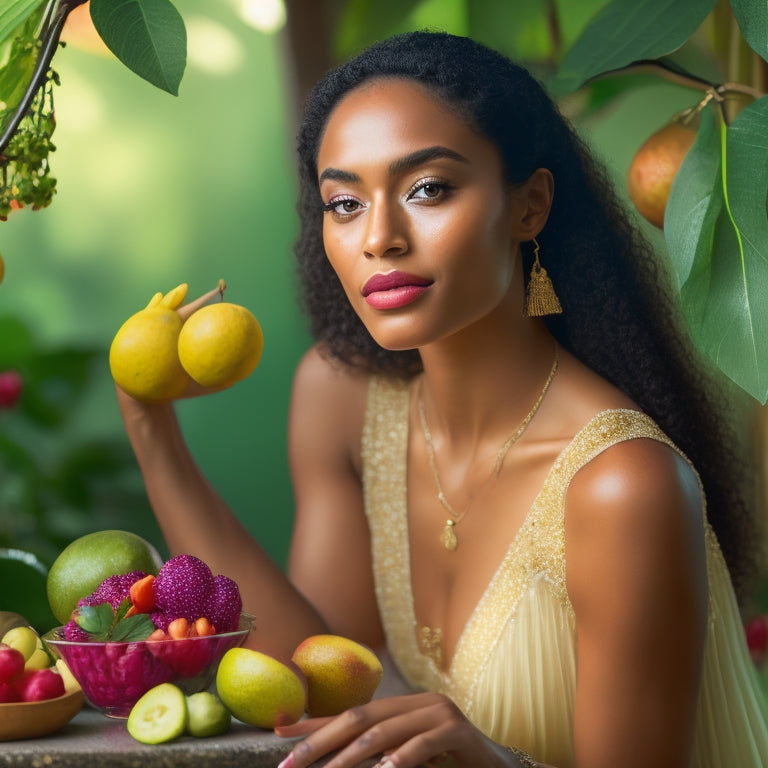 A serene dancer in a peaceful studio, surrounded by lush greenery, holding a vibrant fruit salad, with a subtle smile, amidst soft natural light, conveying a sense of calm and balance.