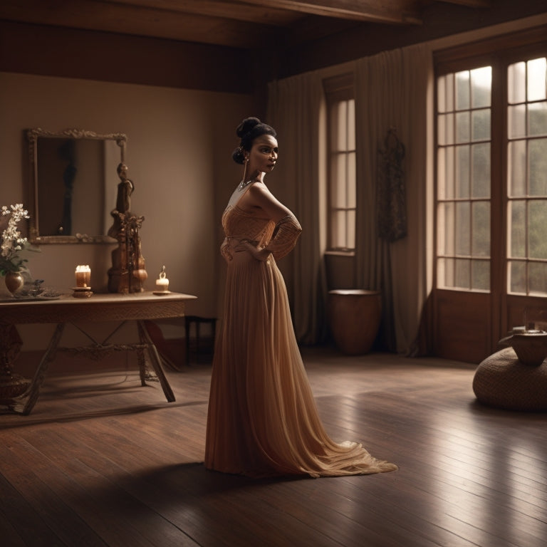 A serene, dimly lit studio with a wooden floor, featuring a lone dancer in a flowy, earth-toned outfit, gracefully tying a hip scarf around their waist, with a mirror reflection in the background.