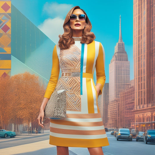 A sleek, modern illustration of Jennifer Lopez in a 1960s-inspired mod outfit, featuring a fitted shift dress with geometric patterns, go-go boots, and oversized sunglasses, set against a bold, graphic cityscape background.